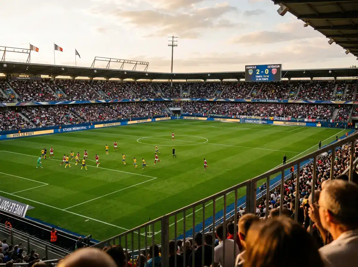 Terrain de football vu depuis les tribunes avec un tableau d'affichage montrant le score