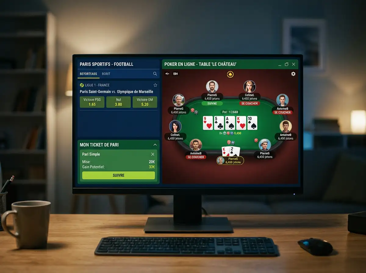 Ecran d'ordinateur affichant plusieurs onglets de jeux en ligne paris sportifs et poker